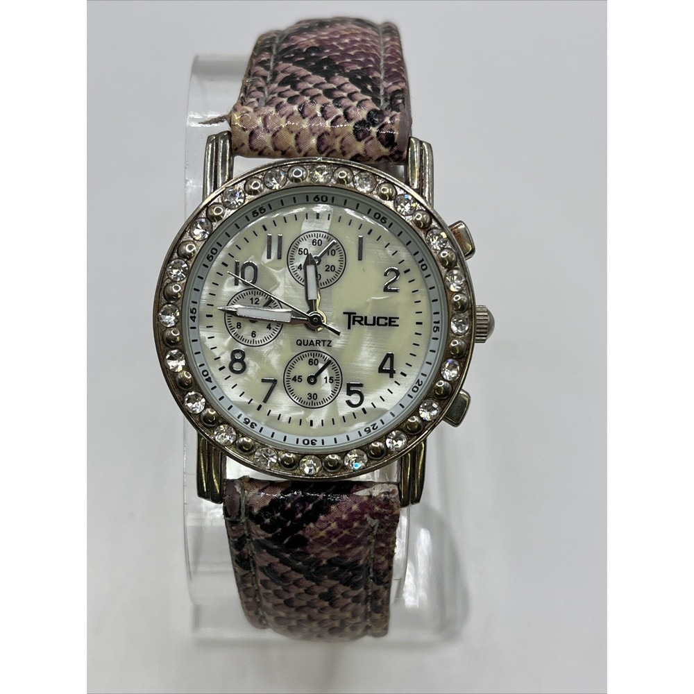 Truce Women's Quartz Watch Faux Snake Skin Band Crystal Bezel- New Battery